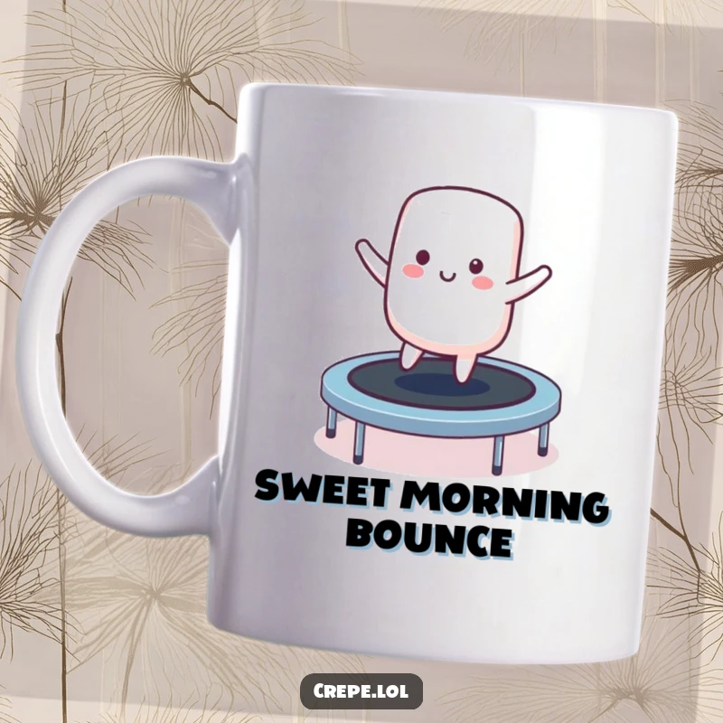 Funny smiling marshmallow character mug bouncing on a trampoline, a cheerful and whimsical treat.