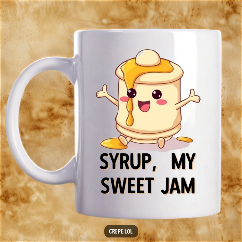 Funny pancake character mug with syrup dripping, perfect for morning coffee lovers. This happy breakfast item is a delightful gift.