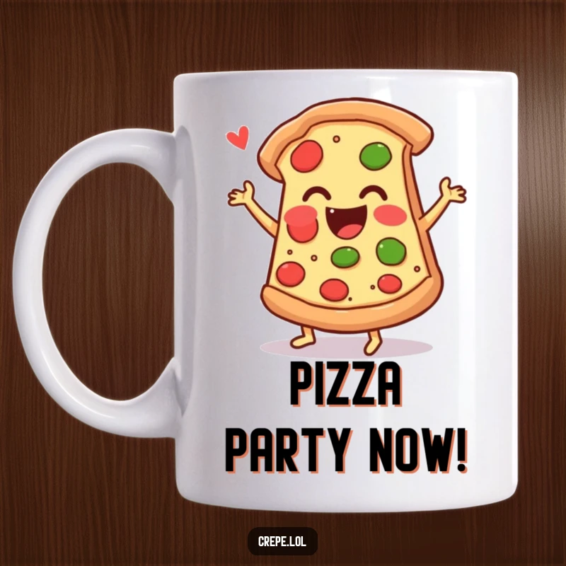Funny pizza mug featuring an ecstatic slice of pizza performing a joyful jig, radiating pure delight.