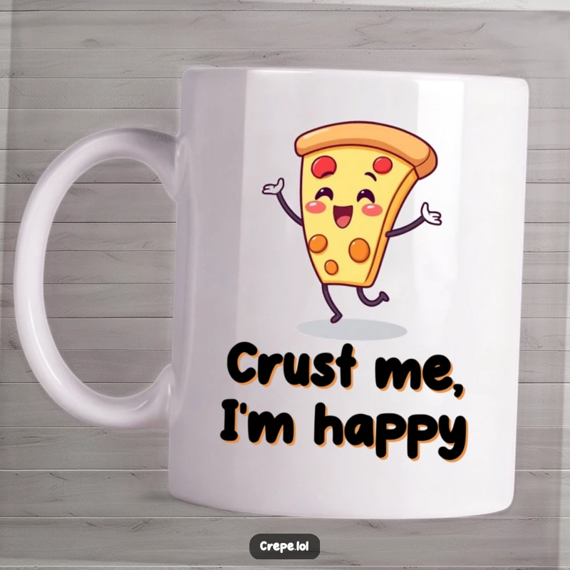 Funny pizza slice mug featuring a delighted character doing a joyful dance, perfect for spreading happiness and humor.