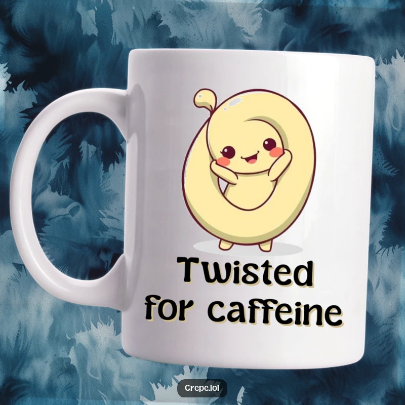 Funny Pretzel Pose Mug showing a silly pretzel contorting itself into a fun, bendy pose with a grin.