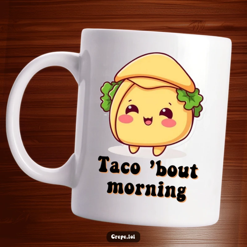 Funny taco mug with a beaming smile, tipping its shell like a hat, embodying festive fun and a love for Mexican food.