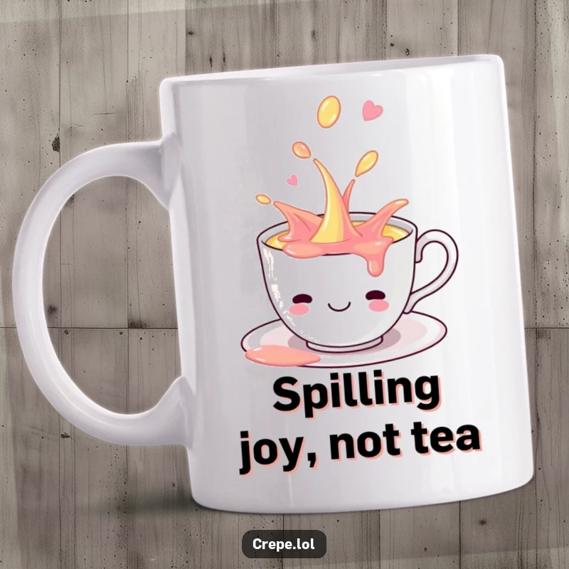 Funny smiling teacup playfully spilling sweet, colorful liquid, bringing delight and humor to this coffee mug.