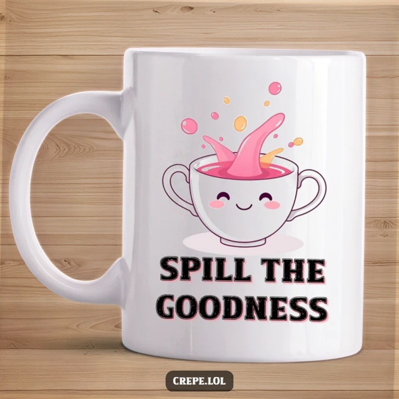 Funny smiling teacup playfully spilling colorful liquid, perfect for a mug.