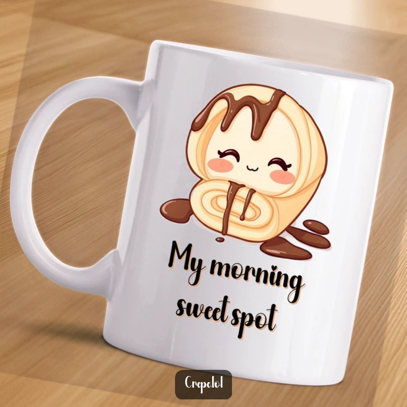 Funny mug featuring a rolled crepe with chocolate drizzle, winking playfully with a mischievous smile, perfect for breakfast lovers.