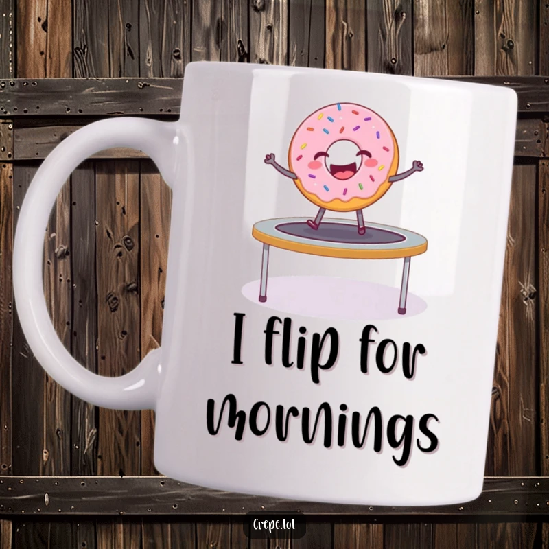 Funny donut with sprinkles joyfully bouncing high on a trampoline, perfect for a coffee mug gift.
