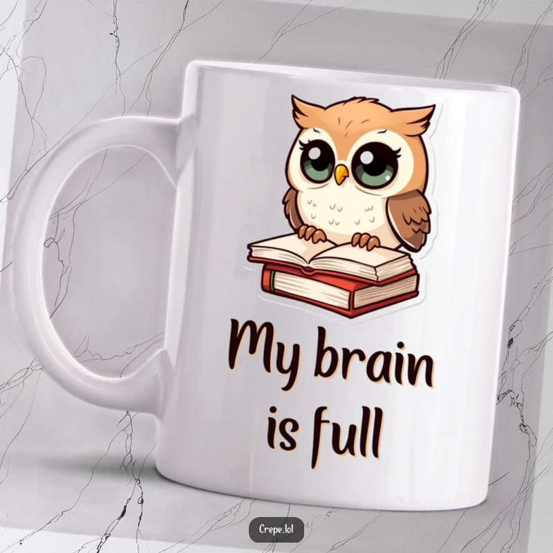 Funny mug with an amazed owl with big eyes sitting on a stack of books, conveying shock and delight.