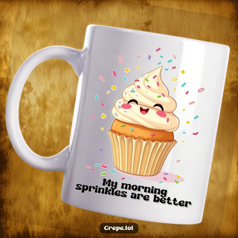 Funny mug with a giggling cupcake animal spewing colorful confetti, representing pure joy and celebration.