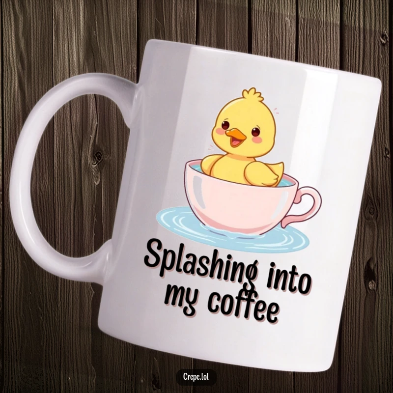 Funny cheerful duckling happily splashing water while paddling in a teacup, a delightful scene on a mug.