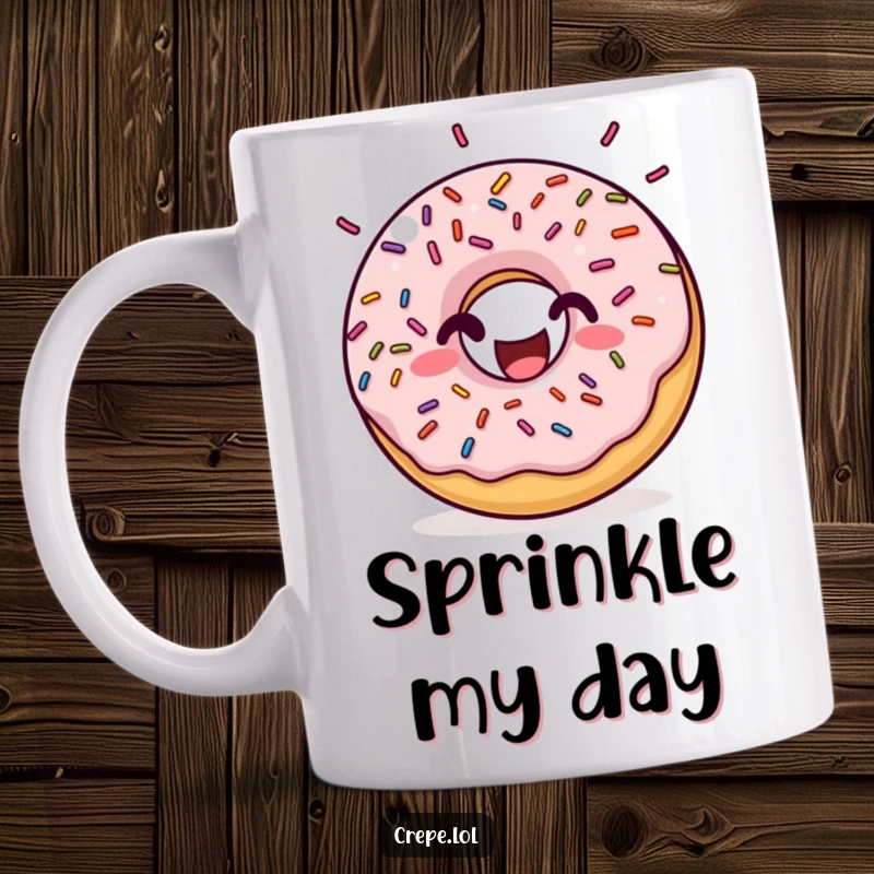 Funny donut mug with a happy expression and bouncing sprinkles, symbolizing sweet joy and a love for delicious treats.