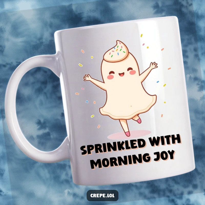 Funny mug featuring a delighted crepe character gracefully performing a ballet twirl, adorned with colorful sprinkles, full of joy.