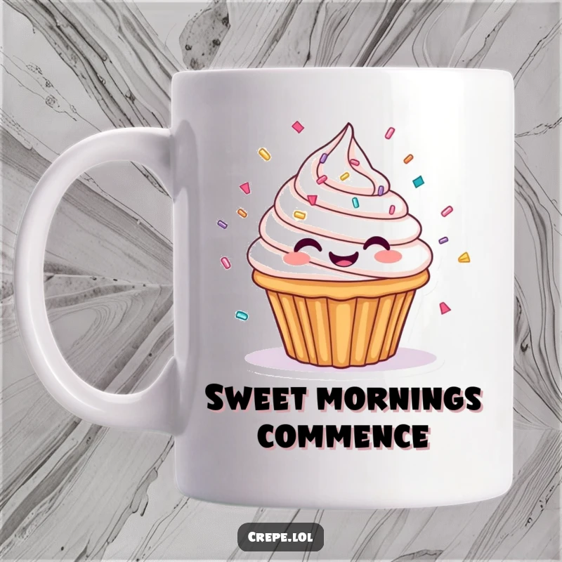 Funny mug showing a happy cupcake with frosting and sprinkles spinning joyfully. A sweet and humorous kitchen item.
