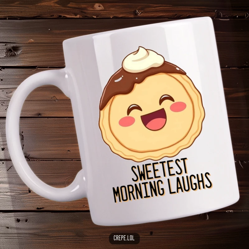 Funny mug depicting a happy chocolate crepe with a wide, giggling mouth, covered in delicious frosting.