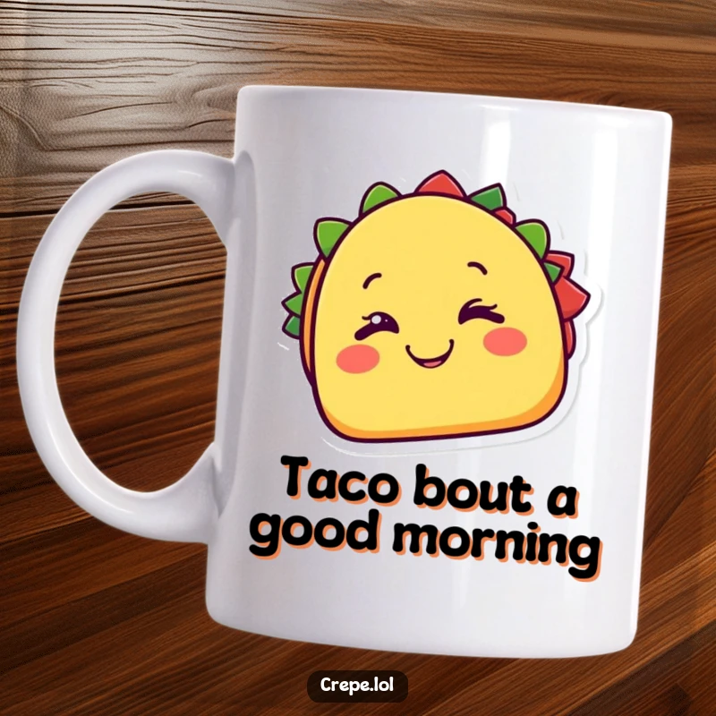 Funny taco mug showing a cheerful taco character happily winking with a cheesy grin. Deliciously humorous. Gift.