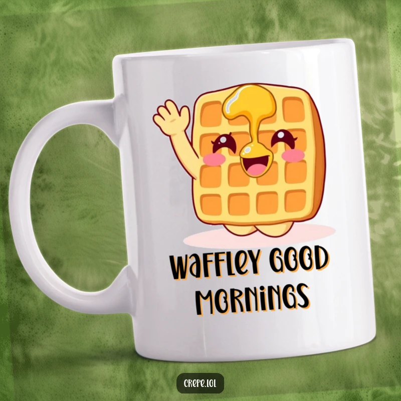 Funny, happy waffle with syrup enthusiastically waving hello, perfect for a mug.