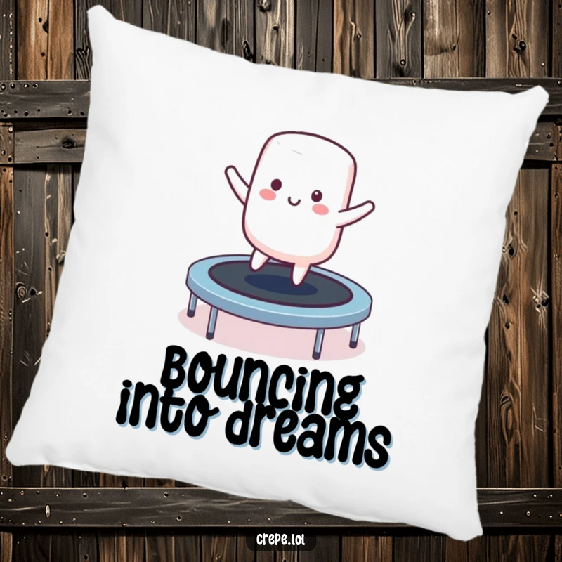 Funny smiling marshmallow character pillow bouncing on a trampoline, a soft and humorous decorative item.