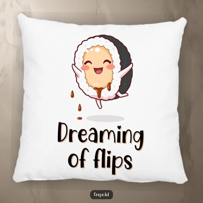Funny Sushi Pillow: A smiling sushi roll doing a cartwheel, offering comfy, comical cheer.