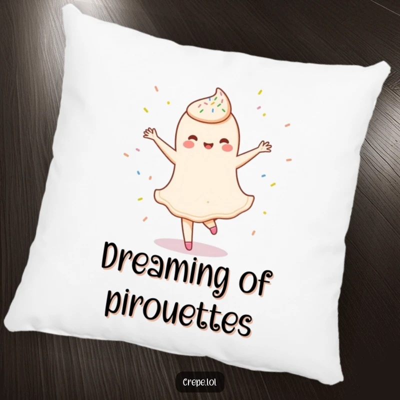 Funny pillow showcasing a delighted crepe character mid-ballet twirl, embellished with sprinkles, offering comfort and cheer.