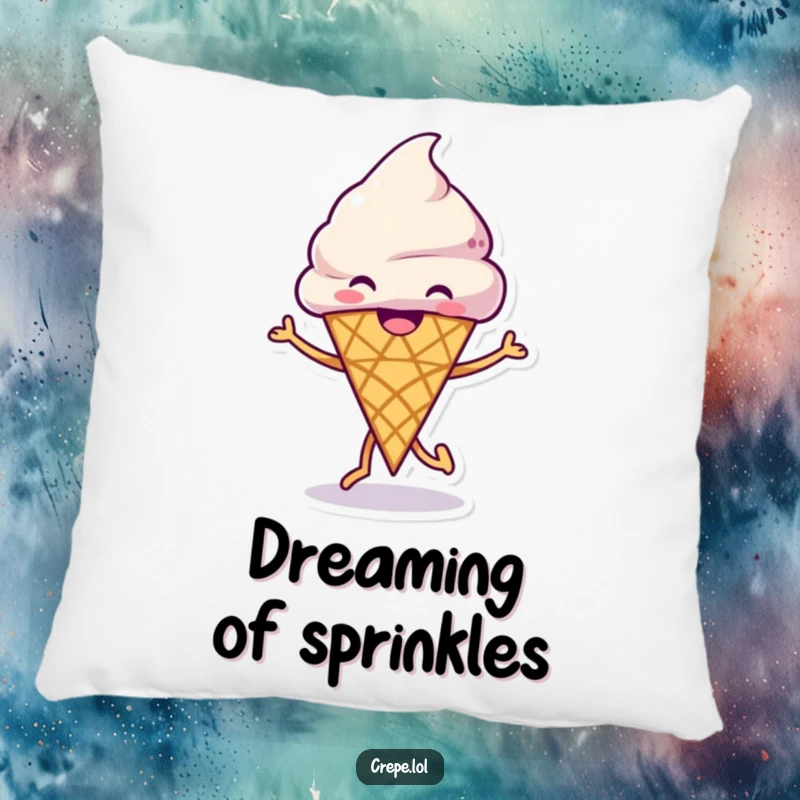 Funny Ice Cream Dance Pillow with a grinning ice cream cone happily dancing, offering soft comfort and frozen treat delight.