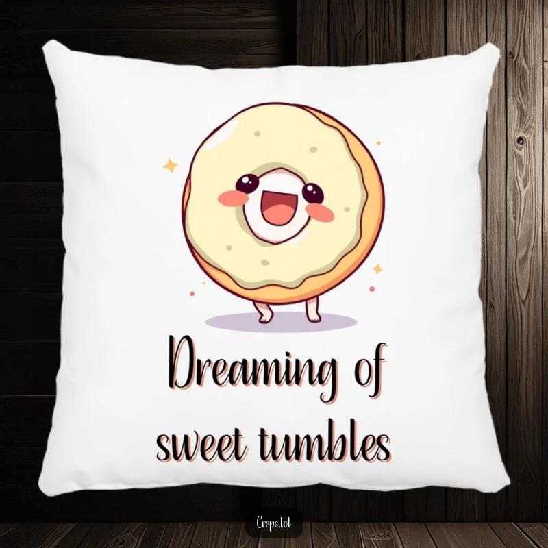 Funny donut character pillow, mid-somersault with a laugh, perfect for comfortable and humorous relaxation.