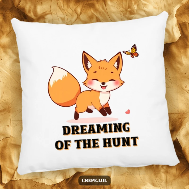 Funny smiling fox with a bushy tail playfully chasing a butterfly, a soft and humorous accent pillow.