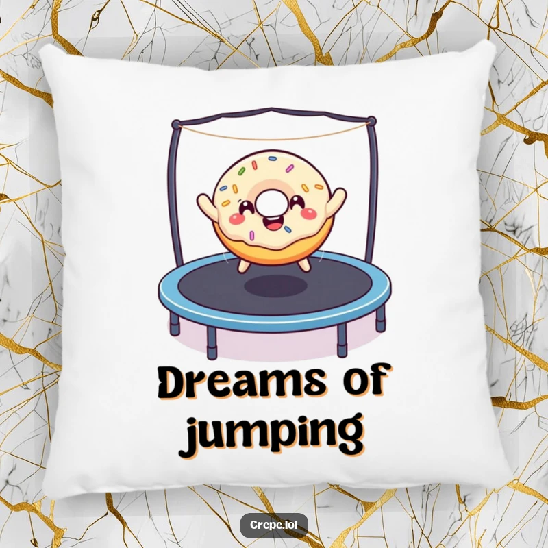 Funny, happy donut with sprinkles enthusiastically bouncing on a trampoline, depicted on a soft and decorative pillow.