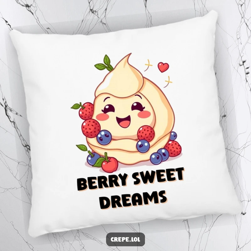 Funny pillow featuring a happy crepe with swirling berries, offering soft amusement and a touch of fruity delight.