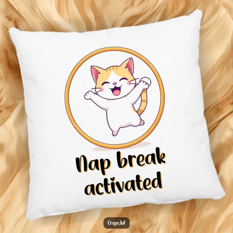 Funny pillow decor showcasing a delighted cat with a wagging tail jumping through a hoop, bringing playful charm.
