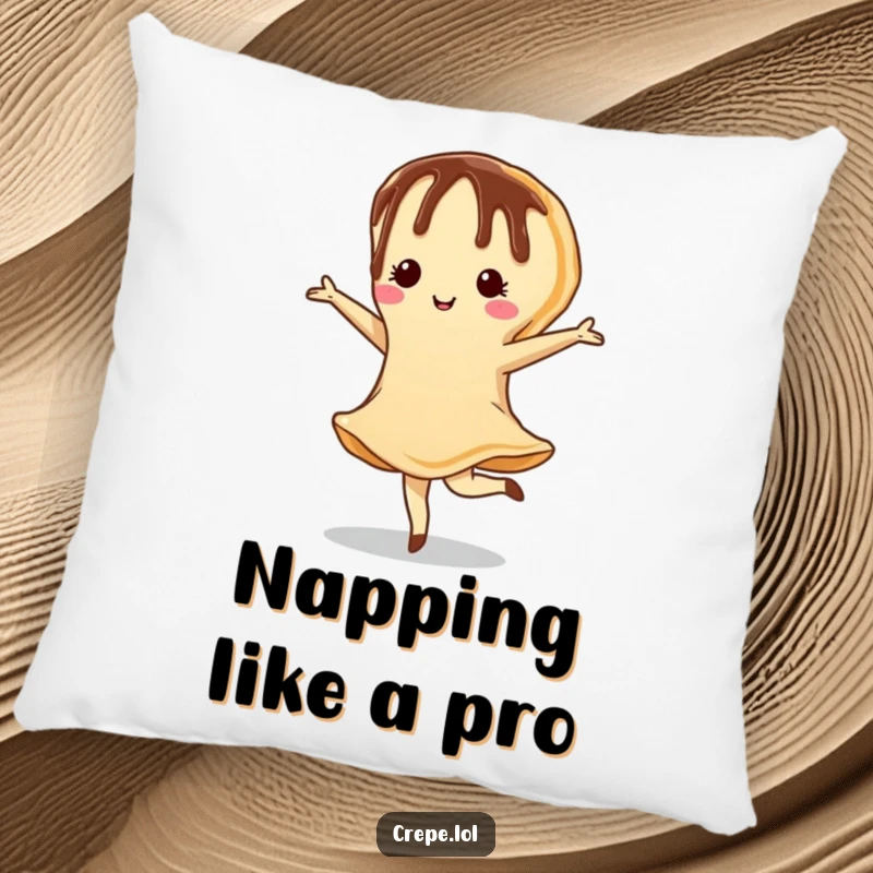 Funny pillow featuring a chocolate-drizzled crepe gracefully pirouetting, offering comfort and a touch of sweet artistry.