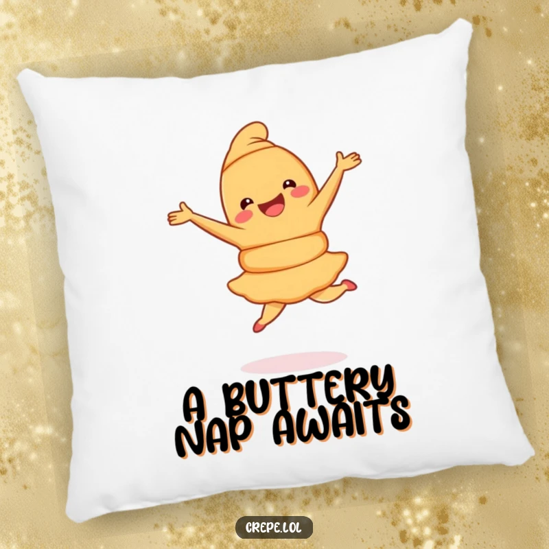 Funny Croissant Pirouette Pillow with a joyful croissant gracefully dancing in a pirouette, offering soft comfort and pastry humor.