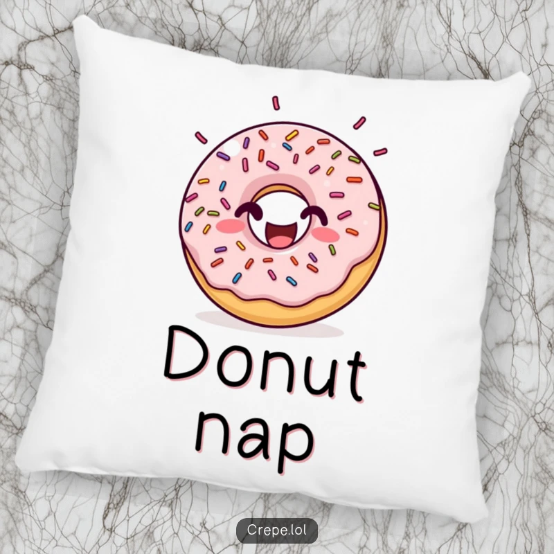 Funny donut sprinkles pillow featuring a happy donut with rhythmic bouncing sprinkles, bringing comfort and deliciously humorous vibes to any room.