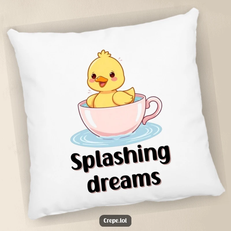 Funny cheerful duckling happily splashing water while paddling in a teacup, a soft and humorous accent pillow.