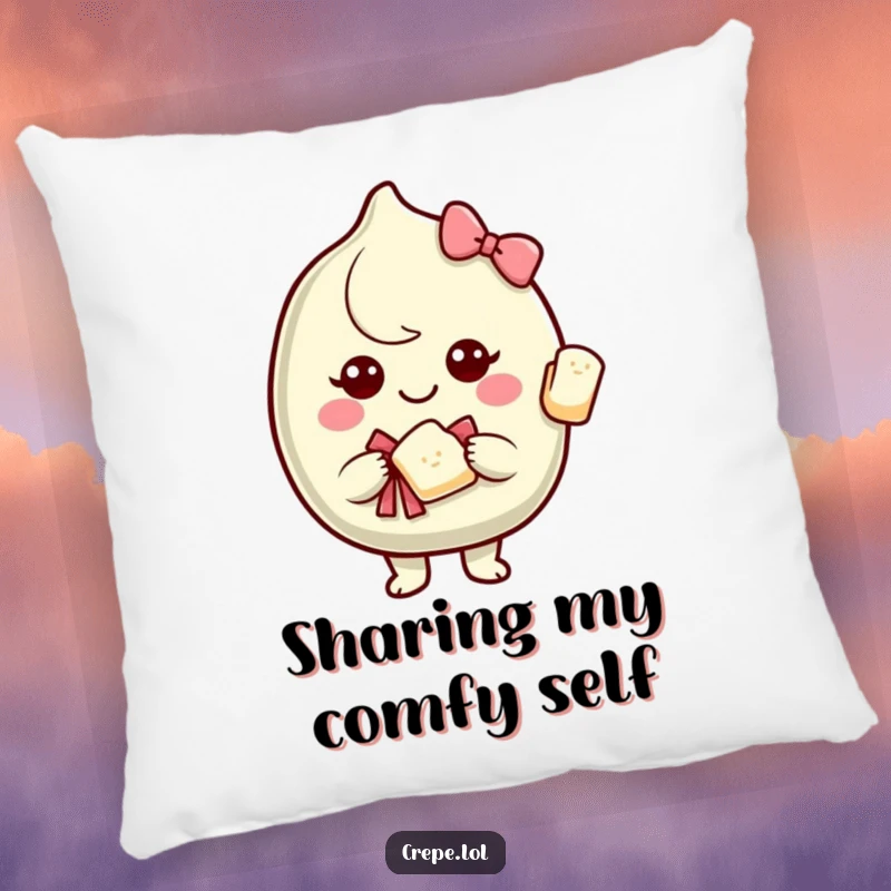 Funny pillow featuring a smiling crepe character offering a slice of itself with a bow, providing comfort and cheer.