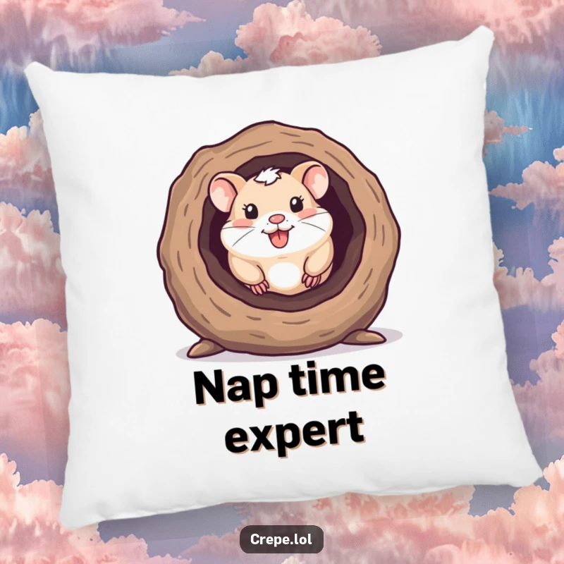 Funny pillow decor showing a happy hamster peeking out from a hollow log, bringing cute and cozy vibes.