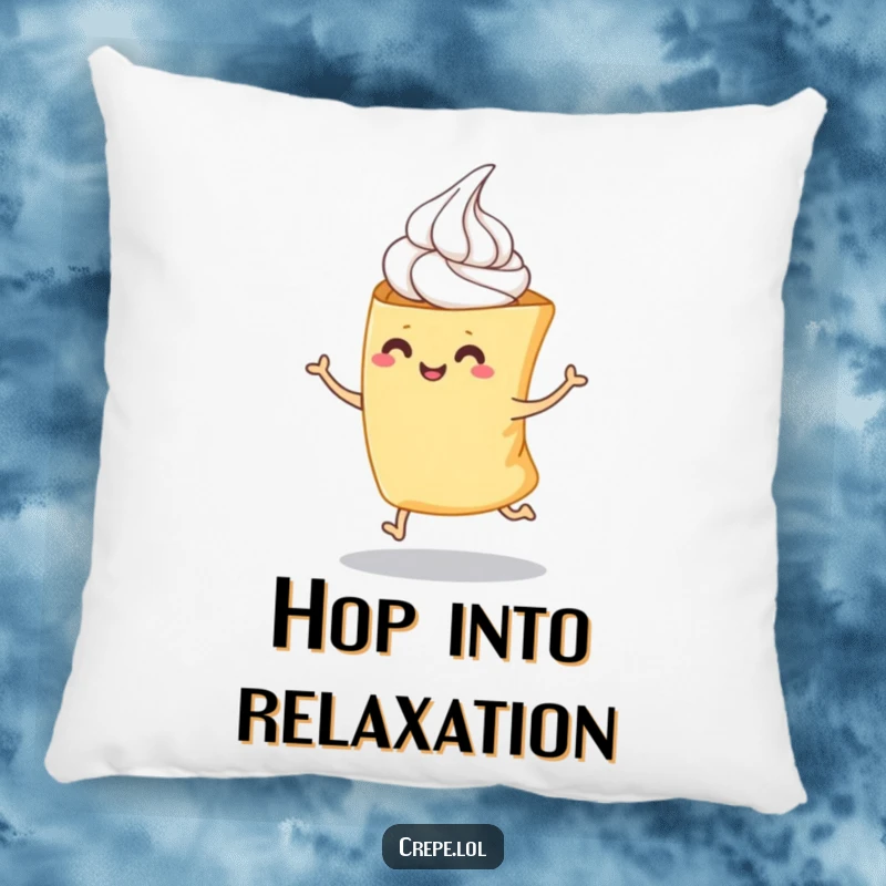 Funny pillow featuring a folded crepe with whipped cream mid-hop, offering whimsical comfort and a touch of sweetness.