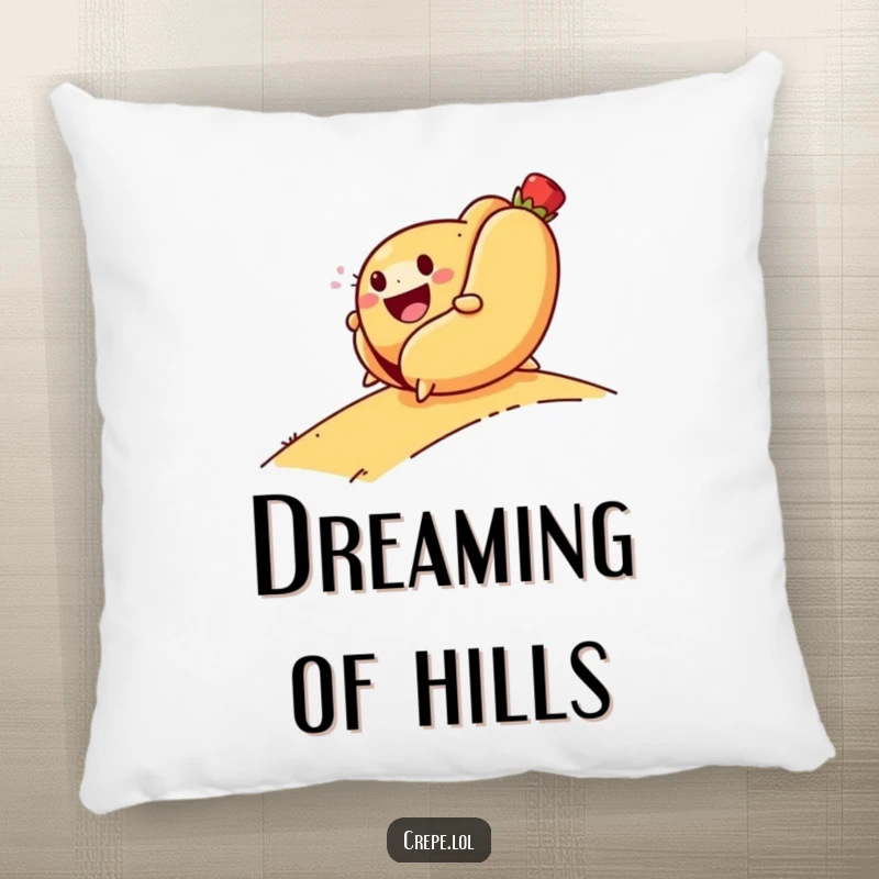 Funny pillow featuring a smiling hot dog rolling downhill, offering plush comfort with a humorous and adventurous touch.