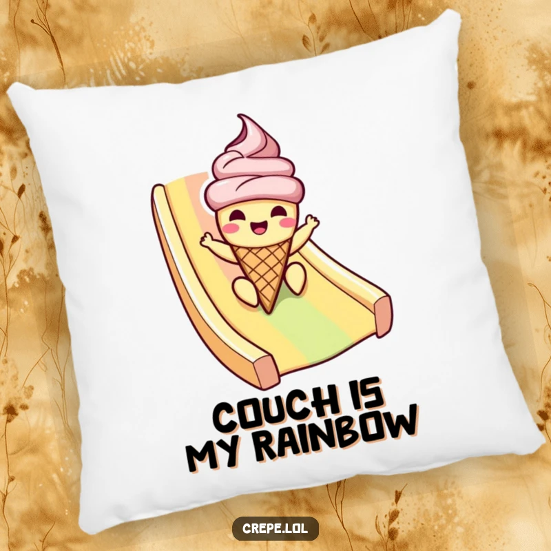 Funny ice cream pillow with a cheerful cone character sliding down a rainbow, perfect for adding humorous comfort to any room.
