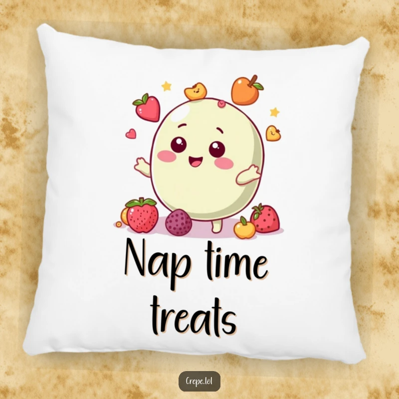 Funny pillow featuring a giggling macaron character juggling colorful fruit toppings, charming and soft.