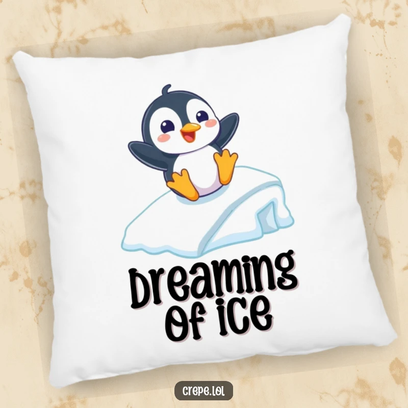 Funny pillow decor showing a playful penguin with a grin sliding down an icy ramp, bringing cozy winter vibes.