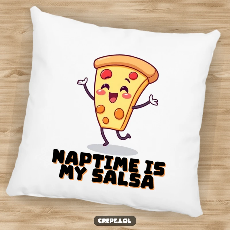Funny pizza slice character pillow, in a joyful dance pose, providing comfort and a humorous touch.