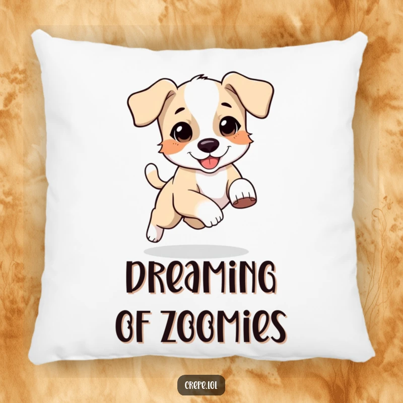 Funny pillow decor showing a bouncing puppy with floppy ears hilariously chasing its tail, bringing cozy, playful vibes.