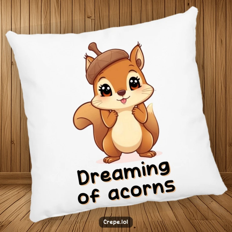 Funny curious squirrel with big eyes holding a massive acorn aloft, a soft and humorous accent pillow.