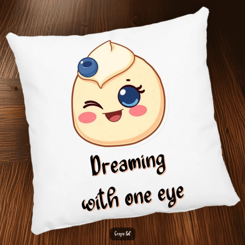 Funny pillow featuring a crepe with a blueberry eye, giving a joyful wink, for comfort and cheerful decor.