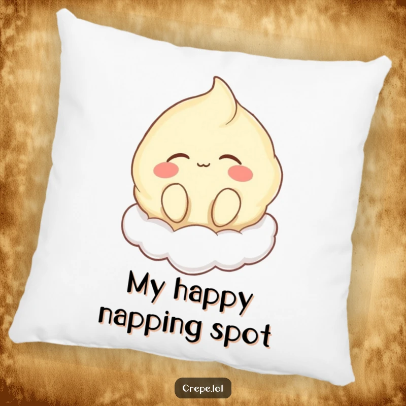 Funny pillow with a happy crepe character floating on a cloud, eyes closed and humming, providing ultimate comfort and calm.