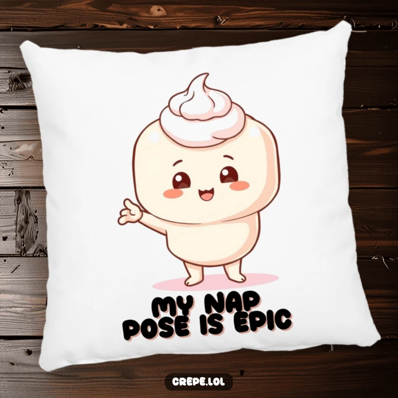 Funny pillow featuring a crepe with a dollop of cream, striking an absurdly comical pose, for comfort and laughs.