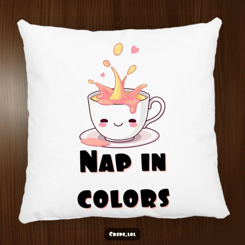 Funny smiling teacup playfully spilling colorful liquid, depicted on a soft and decorative pillow.