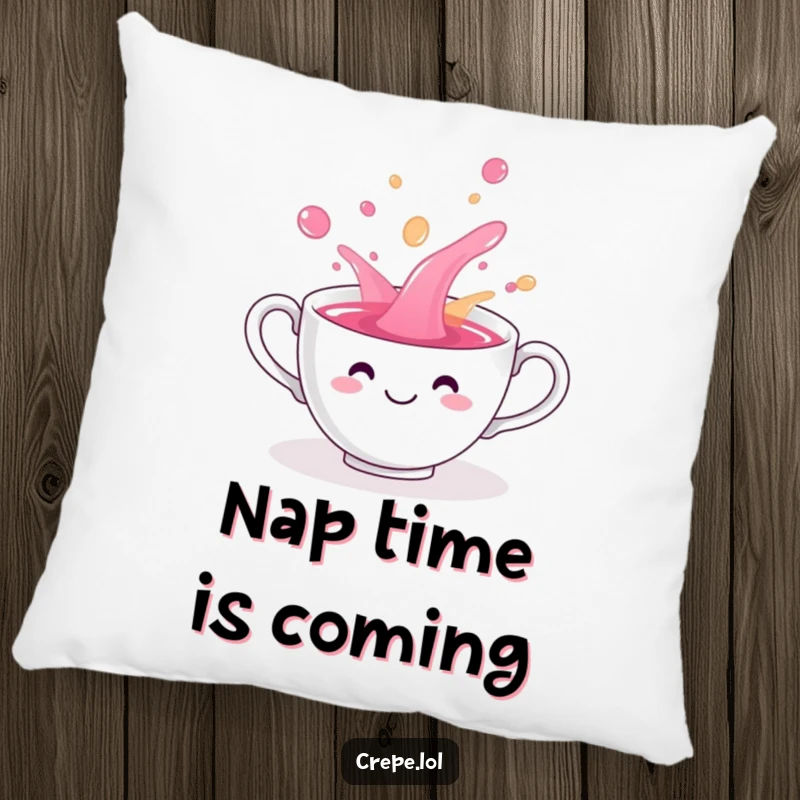 Funny teacup smiling and playfully spilling colorful liquid, a soft decorative pillow.