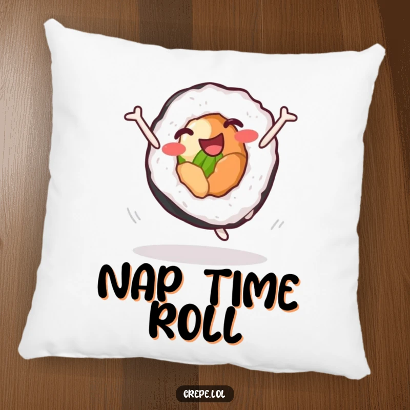 Funny sushi roll cartwheel pillow, illustrating a happy character performing a cartwheel, bringing comfort and humorous food vibes to a sofa or bed.