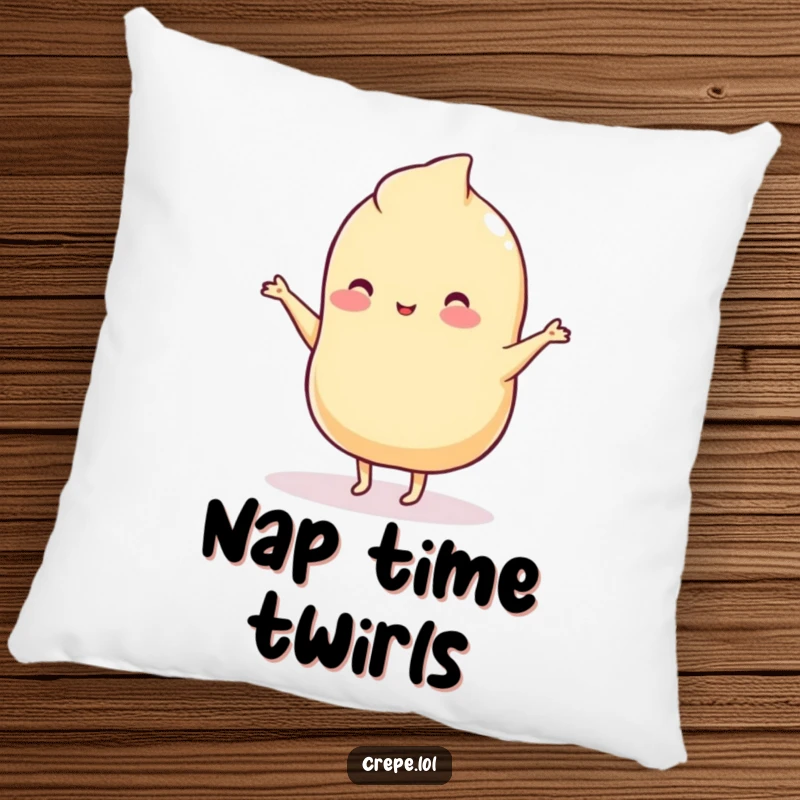 Funny pillow showcasing a wobbly plain crepe with tiny legs engaged in a charmingly silly dance.