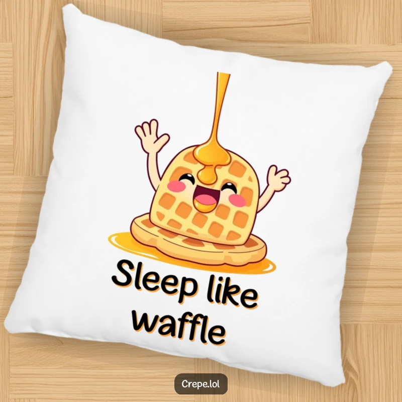 Funny happy waffle with syrup waving energetically, depicted on a soft and decorative pillow.